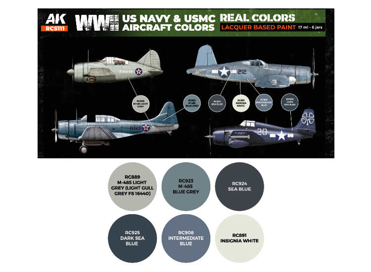 6 x17ml AK Interactive - Real Colors Paint Set - WWII US Navy & USMC Aircraft Colours