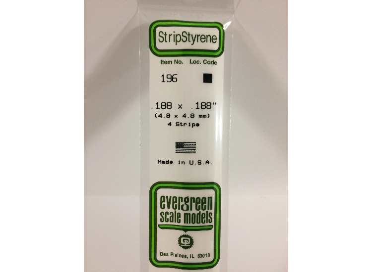 4.8mm Evergreen - Styrene Strips 4.8 x 4.8mm 0.188 X 0.188" (4)