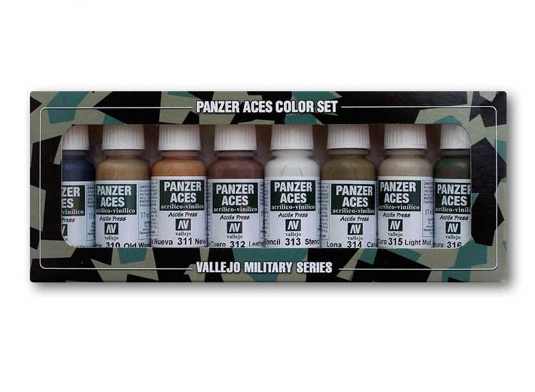 17ml x 8 Vallejo - Panzer Aces Acrylic Paint Set - Wood, Leather and Stencil