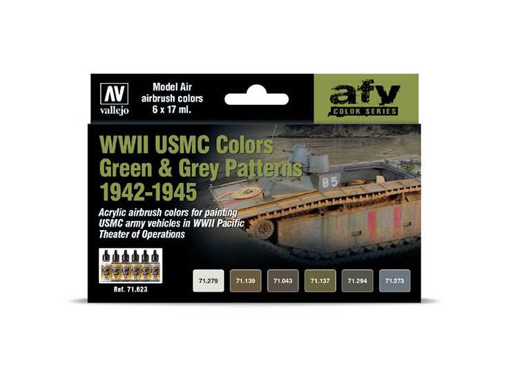 17ml x 6 Vallejo - Model Air Paint Set - WWII USMC Colors Green & Grey Patterns 1942-1945