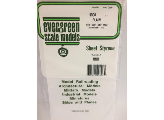 Evergreen 9008 - Assorted White Styrene Sheeting Thickness 0.25/0.5/1.0mm  (3)