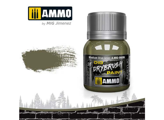 40ml Ammo Mig - Drybrush Acrylic Paint - Medium Olive Green