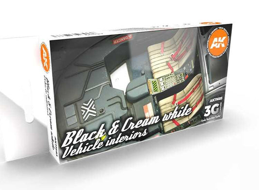 17ml x6 AK Interactive - Black & Cream White Vehicle Interiors - 3G Acrylic Paint Set