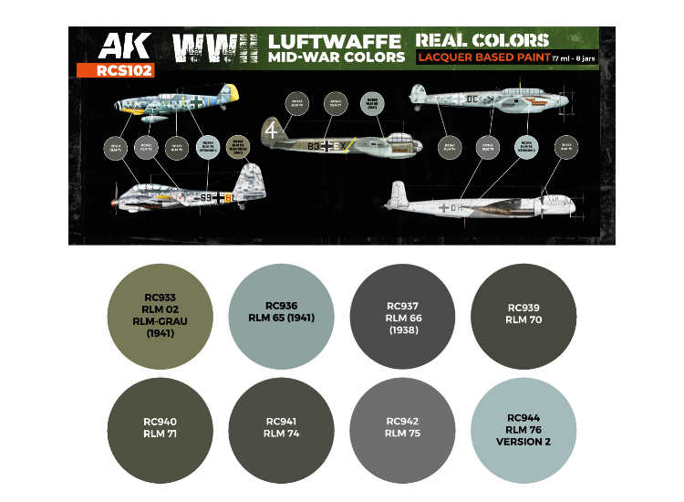 8 x17ml AK Interactive - Real Colors Paint Set - WWII Luftwaffe Mid-War Colors