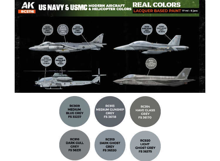 6 x17ml AK Interactive - Real Colors Paint Set - US Navy & USMC Modern Aircraft & Helicopter Colours