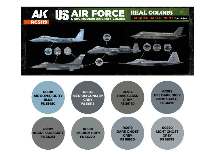 8 x17ml AK Interactive - Real Colors Paint Set - US Air Force & ANG Modern Aircraft Colours