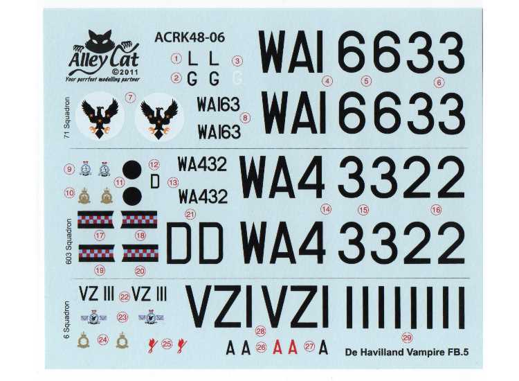 1/48 Alley Cat - DH Vampire Mk5 Limited Edition Decals