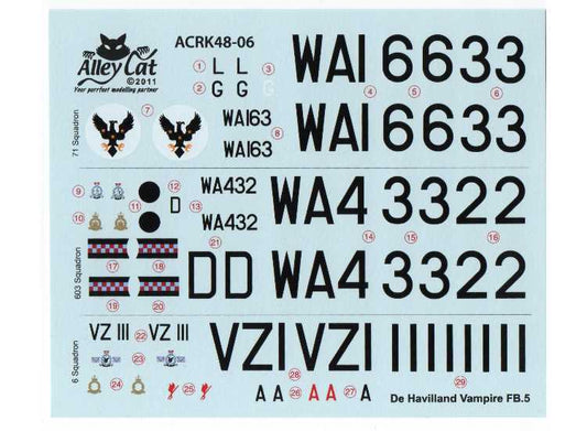 1/48 Alley Cat - DH Vampire Mk5 Limited Edition Decals