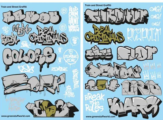 1/58-1/54-1/ Green Stuff World - Train and Street Graffiti Decals - Silver & Gold (1/58-1/54-1/32)