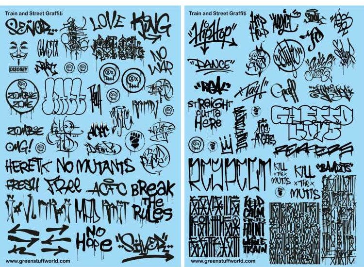 1/58-1/54-1/ Green Stuff World - Train and Street Graffiti Decals - Blackl (1/58-1/54-1/32)