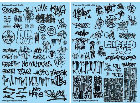 1/58-1/54-1/ Green Stuff World - Train and Street Graffiti Decals - Blackl (1/58-1/54-1/32)