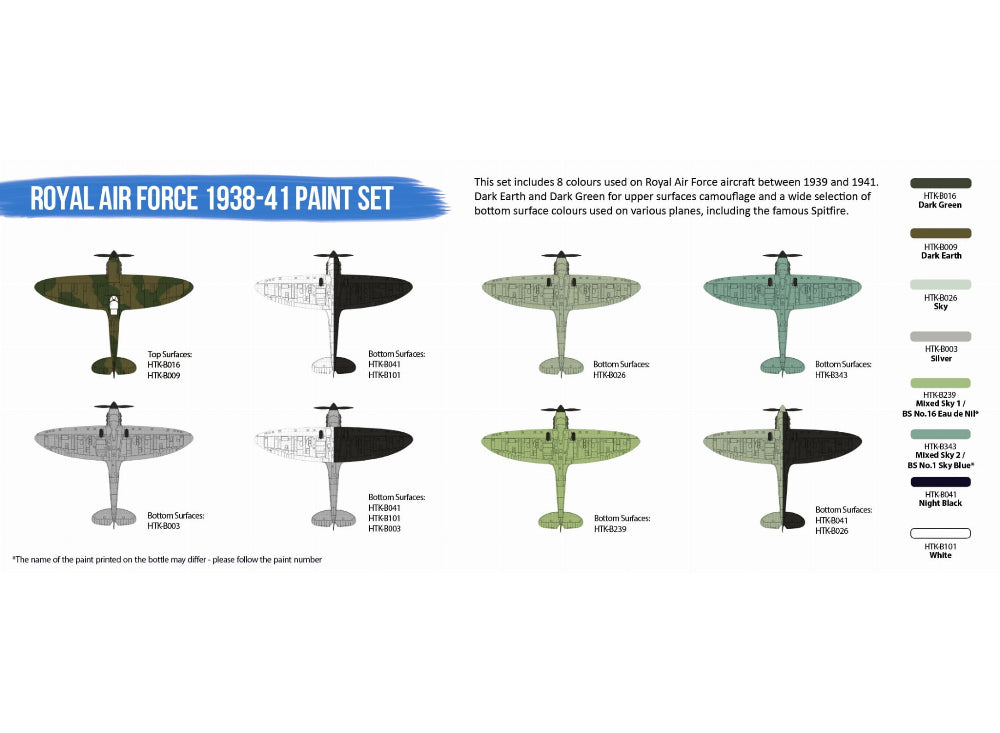 8 x 17ml Hataka - Acrylic Paint Set - Royal Air Force 1938-41 (for hand brushing)