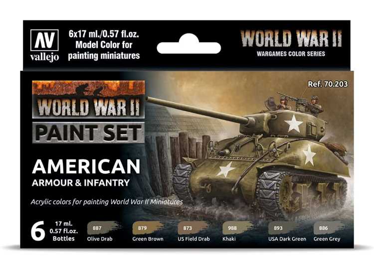 17ml x 6 Vallejo - Model Color Acrylic Paint Set - WWII American Armour & Infantry