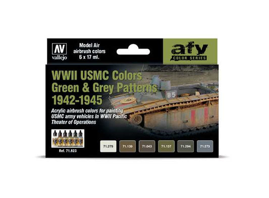 17ml x 6 Vallejo - Model Air Paint Set - WWII USMC Colors Green & Grey Patterns 1942-1945
